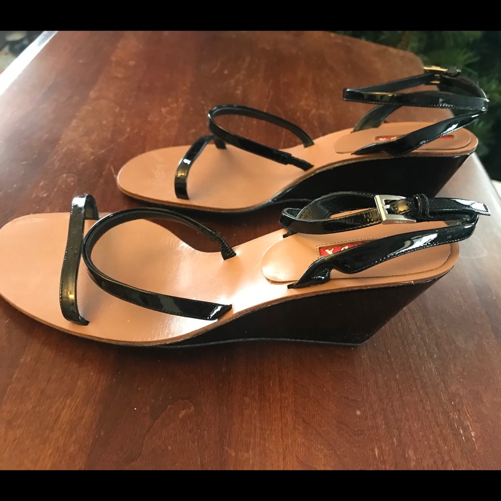 Prada Black Patent Wedge Strappy Sandals.
